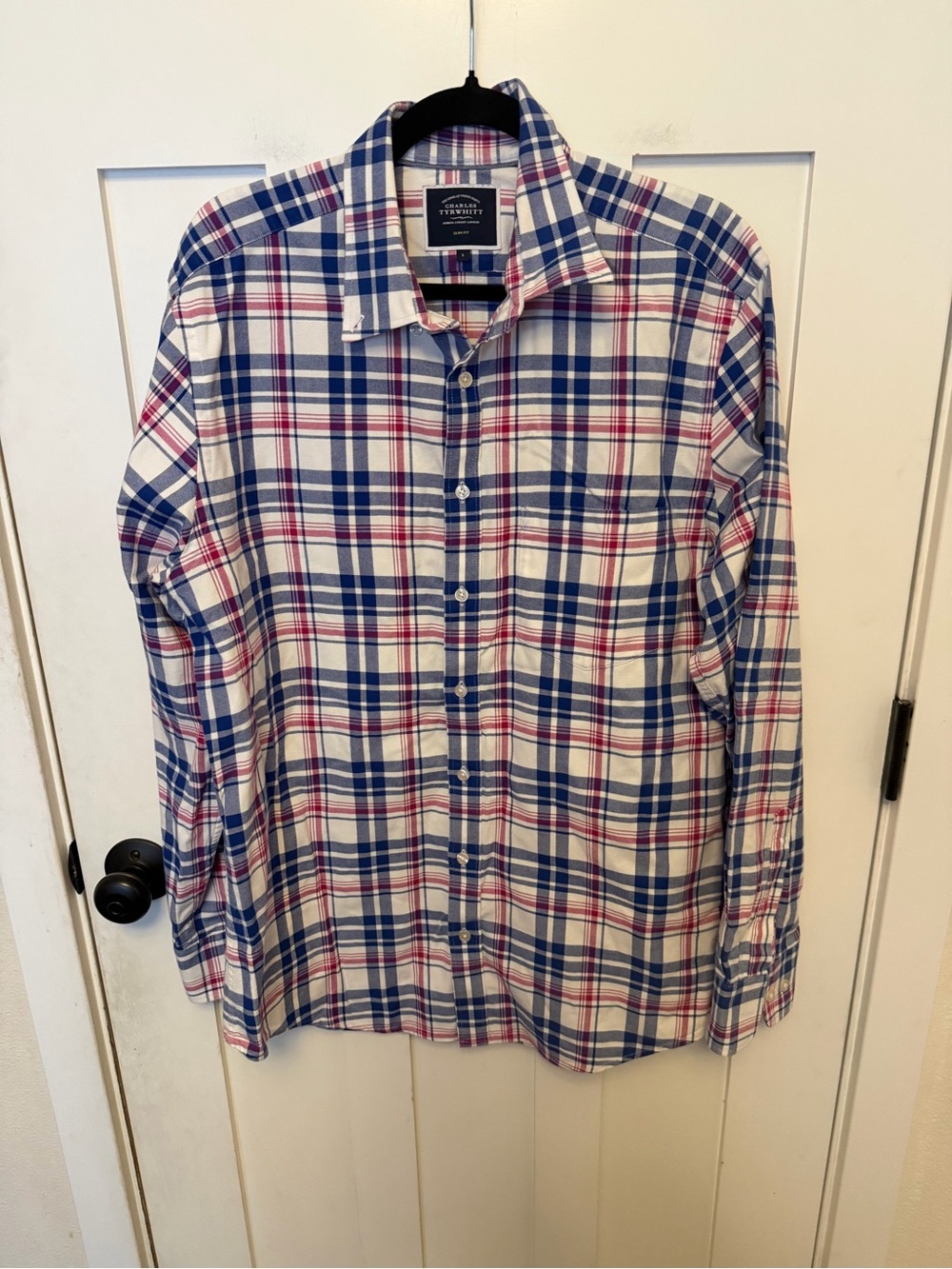 Charles Tywhitt Mens Shirt Size L Plaid Oxford Multicolor Slim Fit Button Up